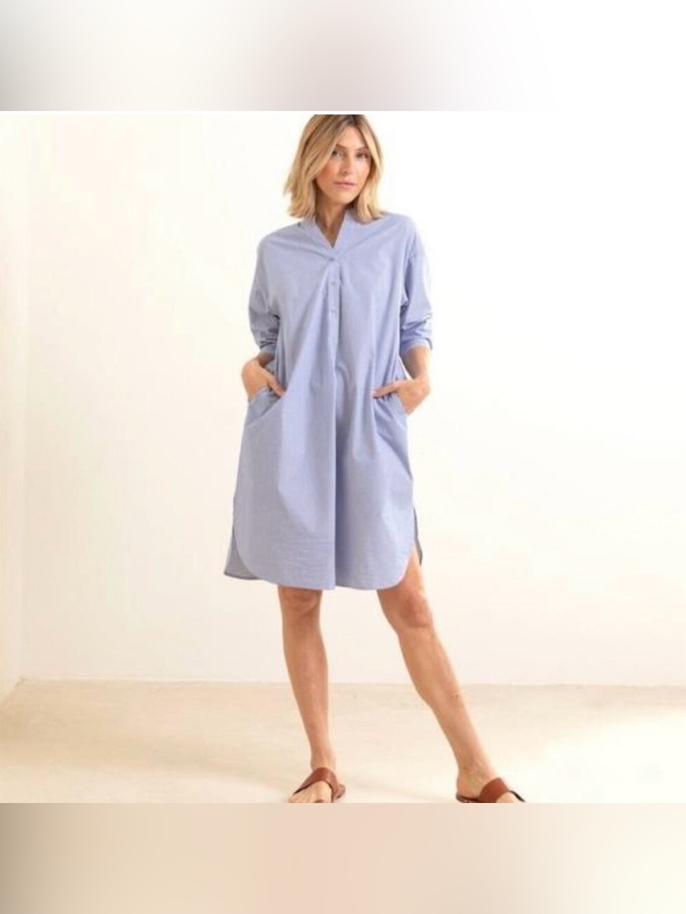 Mer Sea Coastal Blue
Pinstripe Essential Shirt Dress
Size l / xl
